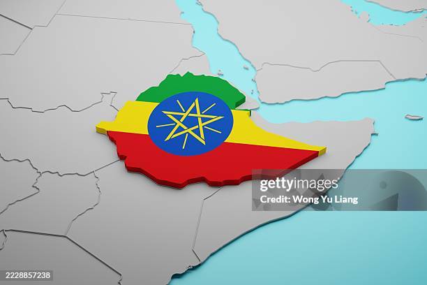 ethiopia map with ethiopian flag - horn von afrika stock-fotos und bilder