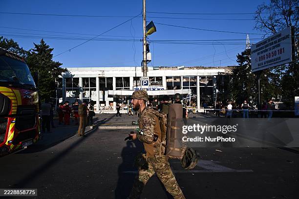 Soldier walks past the central bus station, which comes under the Russian air strike in Zaporizhzhia, Ukraine, on August 10, 2025. On Sunday, August...