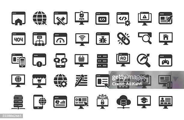 website glyph solid icons. containing internet, web design, programming, network solid icons collection - operating system stock illustrations