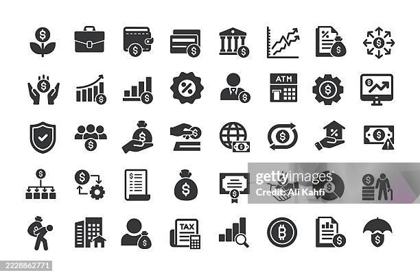 ilustraciones, imágenes clip art, dibujos animados e iconos de stock de glifo de inversión financiera iconos sólidos. que contiene inversión, ingresos, ahorro, colección de iconos sólidos de préstamos - instalar