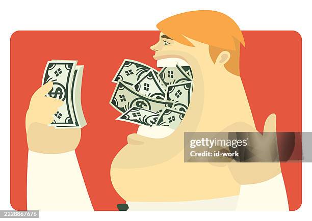 geschäftsmann, der jubelt und banknoten isst - begehren stock-grafiken, -clipart, -cartoons und -symbole