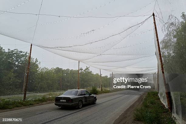 Traveling a road partially shielded by anti-drone nets, a vehicle advances under threat from Russian FPV attack drones on August 11, 2025 in...