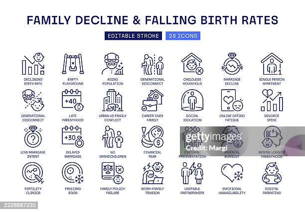 family decline and falling birth rates line icon set - divorce stock illustrations