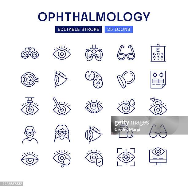ilustraciones, imágenes clip art, dibujos animados e iconos de stock de conjunto de iconos de línea de oftalmología - ojo