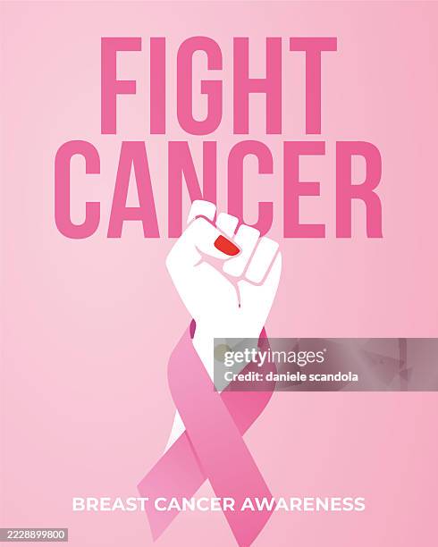 illustrations, cliparts, dessins animés et icônes de affiche de la campagne du mois de sensibilisation au cancer du sein avec les mains poings protestant. - octobre rose