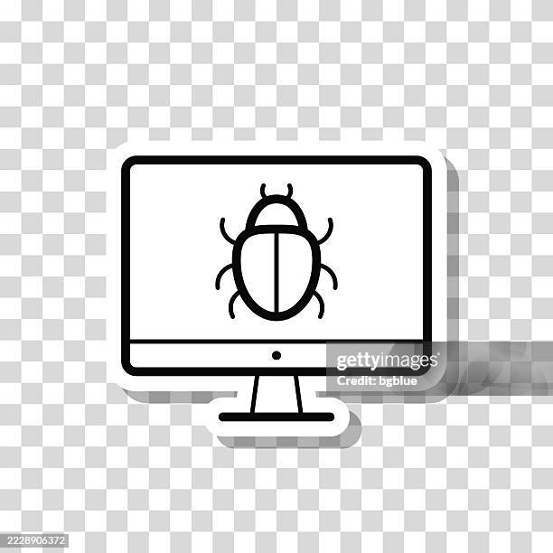 desktop computer with bug. icon sticker on blank background - computer virus stock illustrations