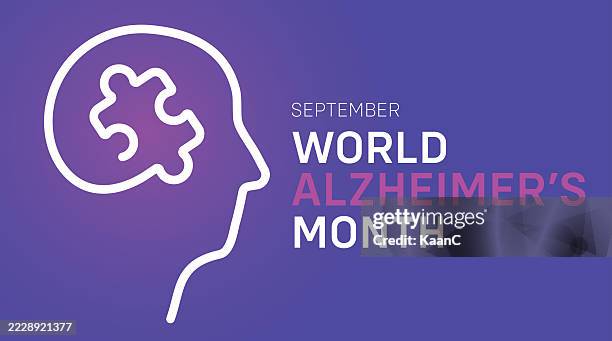 stockillustraties, clipart, cartoons en iconen met world alzheimer’s month poster with brain puzzle symbol on purple background - ziekte van alzheimer