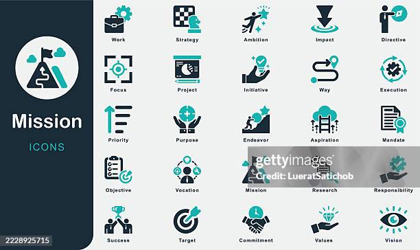 ilustrações de stock, clip art, desenhos animados e ícones de mission solid icons collection.containing objective, success, business, work, vision, strategy, project, research, values, way, purpose, execution, impact, aspiration, mandate, initiative, commitment - impacto