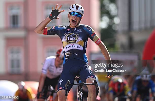 Paul Magnier of France and Team Soudal Quick-Step celebrates at finish line as stage winner during the 82nd Tour de Pologne 2025, Stage 4 a 198.8km...