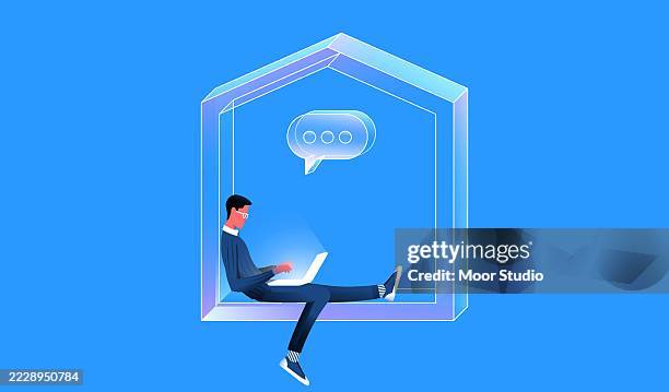 remote working concept vector illustration - man typing stock illustrations