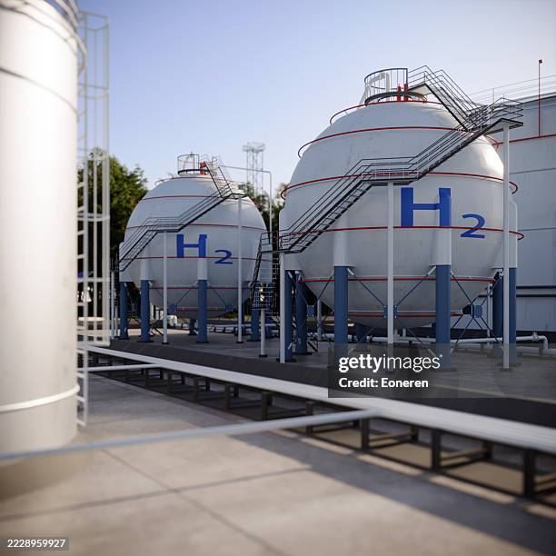hydrogen storage tanks at energy facility - hydrogen fuel cell stock pictures, royalty-free photos & images