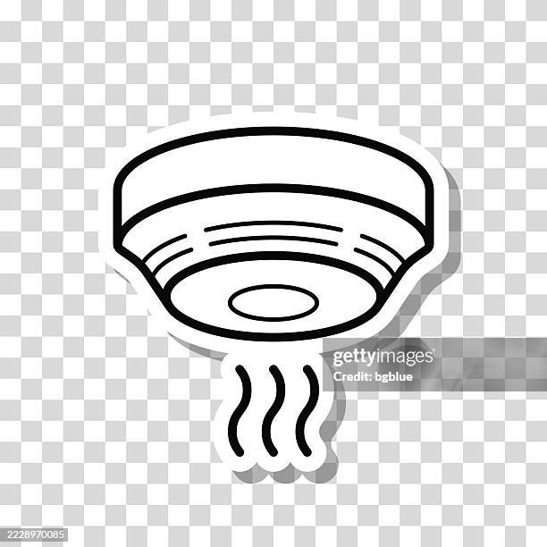 ilustraciones, imágenes clip art, dibujos animados e iconos de stock de detector de humo. pegatina de icono sobre fondo en blanco - smoke-detector-with-smoke
