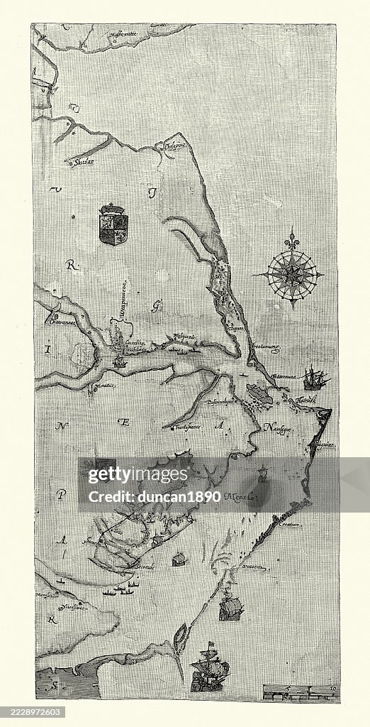 Map, Sketch of the Roanoke area c. 1584, after drawing by John White, 16th Century