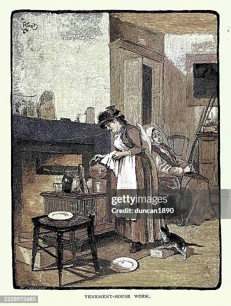 History Healthcare District Nurse Helping A Sick Woman In A Tenement House New York Victorian Vintage Illustration 19th Century 1880s High-Res Vector Graphic