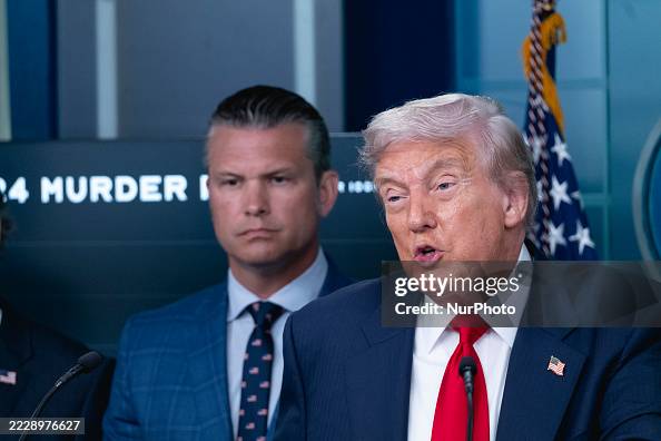 Donald Trump Press Conference President Donald Trump speaks to reporters, as Defense Secretary Pete ...