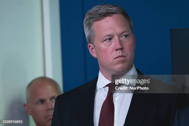 Donald Trump Press Conference Army Secretary Dan Driscoll, listens to President Donald Trump speak ...