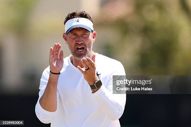 Head Coach Brian Schottenheimer of the Dallas Cowboys reacts during Day 12 of Dallas Cowboys Training Camp at Staybridge Suites Oxnard on August 07,...
