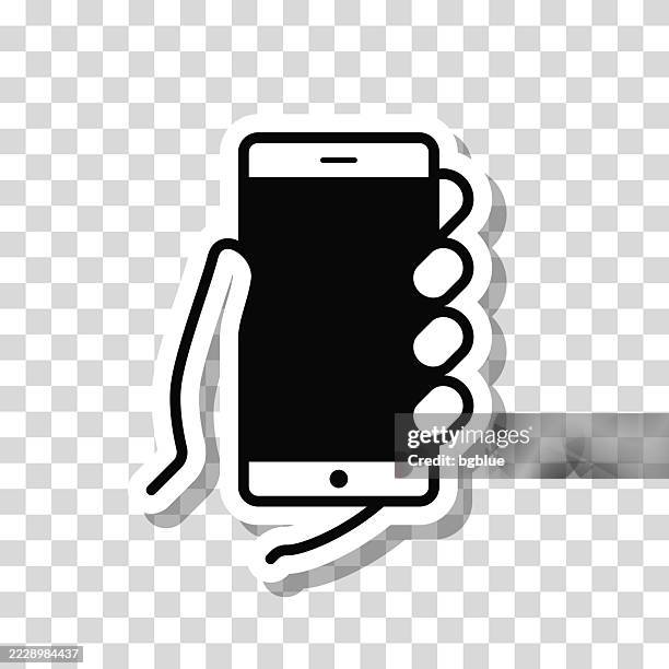 hands holding mobile phone. icon sticker on blank background - using tablet blank screen stock illustrations