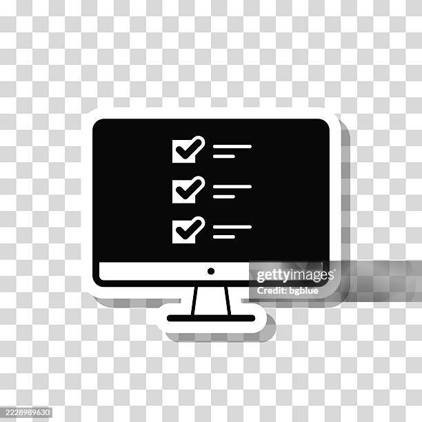 desktop computer with checklist. icon sticker on blank background - using desktop computer at home stock illustrations