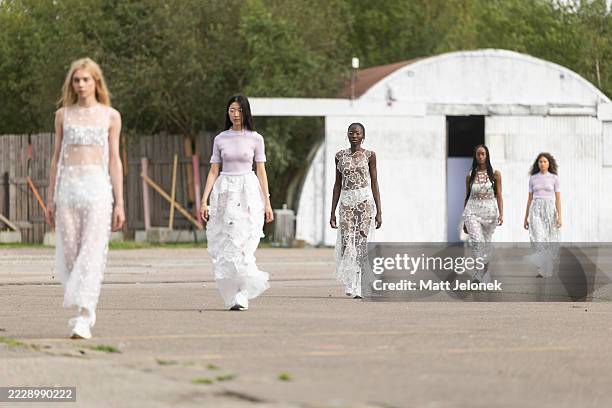 Models walk on the runway at the Cecilie Bahnsen show during Copenhagen Fashion Week SS26 on August 07, 2025 in Copenhagen, Denmark.