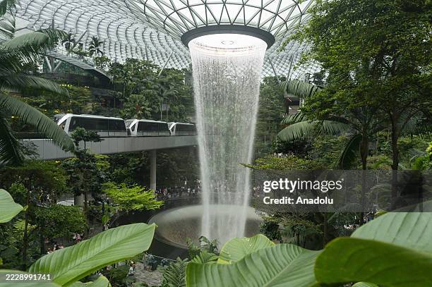 People visit the Rain Vortex, the world's tallest indoor waterfall at the Jewel complex at Changi Airport in Singapore, in July 11, 2025. The...