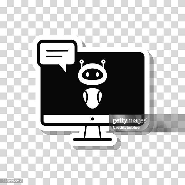 desktop computer with chatbot. icon sticker on blank background - chatbot screen stock illustrations