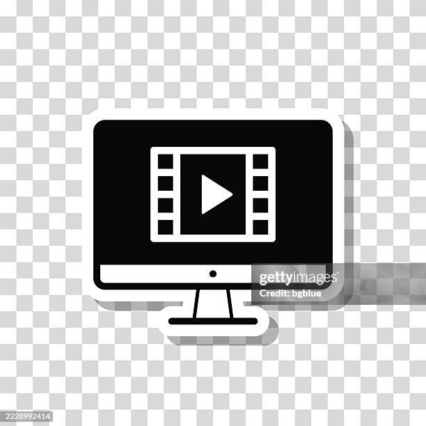 watch video on desktop computer. icon sticker on blank background - play button transparent background stock illustrations
