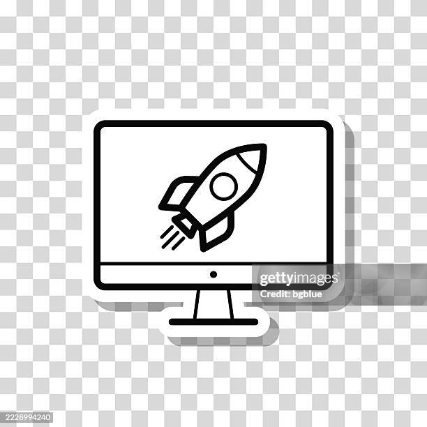 desktop computer with rocket. icon sticker on blank background - space rocket 3d stock illustrations