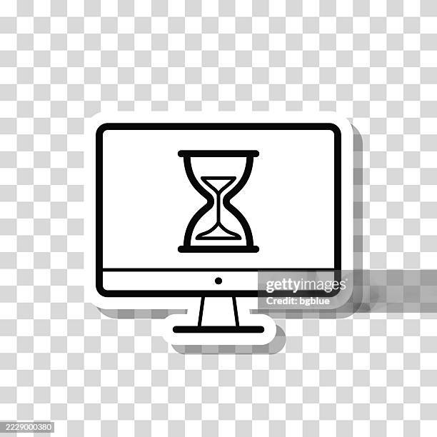 desktop computer with hourglass. icon sticker on blank background - stopwatch 3d stock illustrations