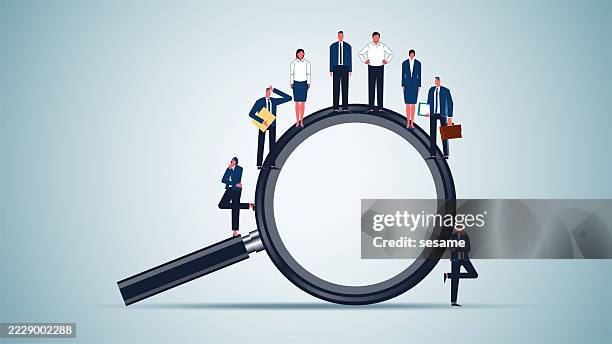 bildbanksillustrationer, clip art samt tecknat material och ikoner med recruitment or candidate selection and decision-making, human resource management, job vacancies, a group of businesspeople under scrutiny - rekrytering