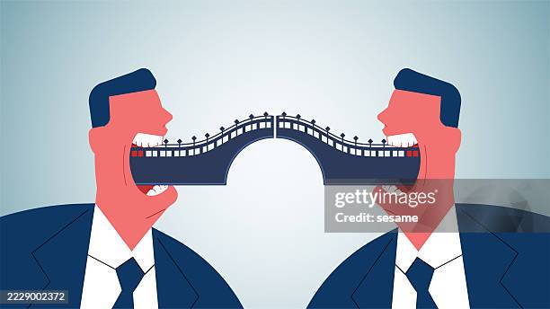a bridge for communication, resolving communication issues, successful negotiation and cooperation, the bridges connecting the mouths of two businessmen - corporate comunication stock illustrations