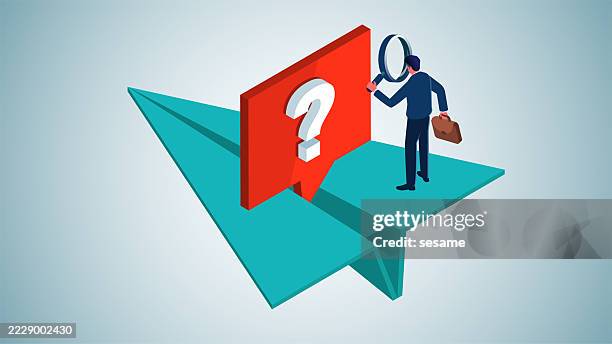 seeking answers or solutions, communication and analysis, isometric paper airplanes flying with speech bubbles and question marks - startup services growth images stock illustrations