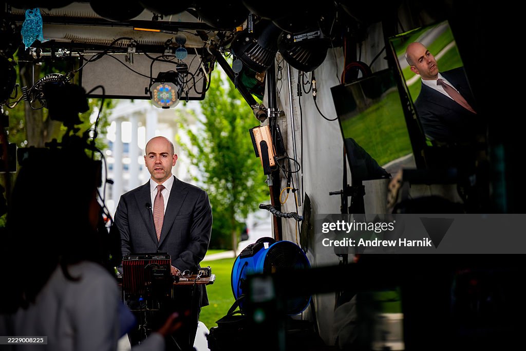 Chair Of The White House Council Of Economic Advisers Stephen Miran Talks During Television Interviews At The White House