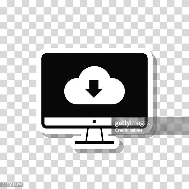 cloud download to desktop computer. icon sticker on blank background - shared work space stock illustrations