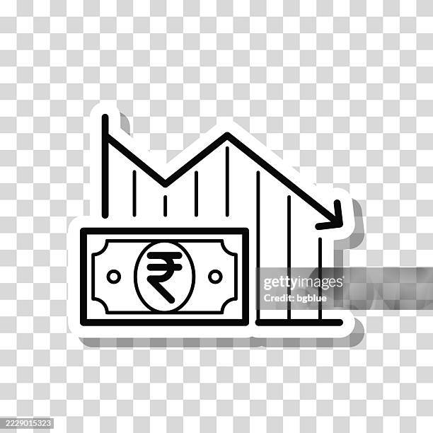 declining graph with indian rupee banknote. icon sticker on blank background - rupee fall stock illustrations