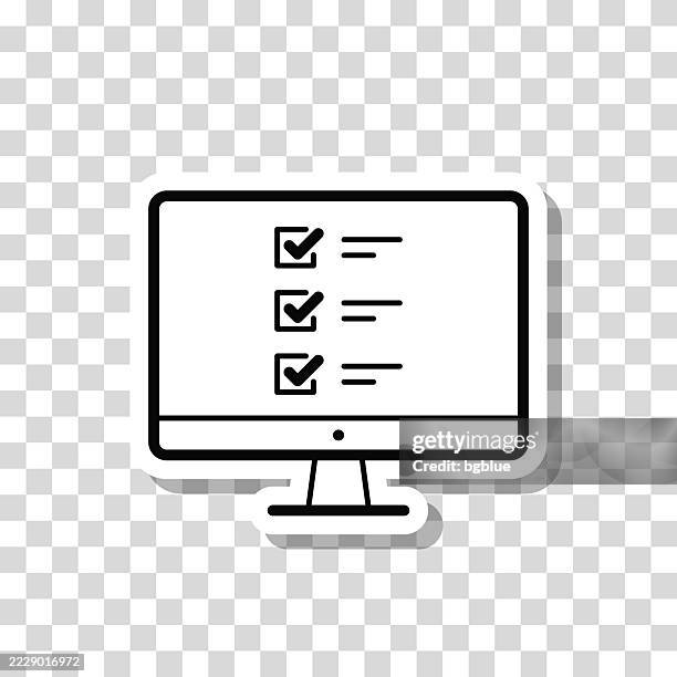 desktop computer with checklist. icon sticker on blank background - using desktop computer at home stock illustrations