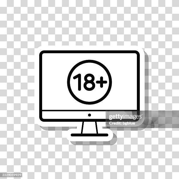 desktop computer with eighteen plus sign (18+). icon sticker on blank background - computer desk overhead stock illustrations