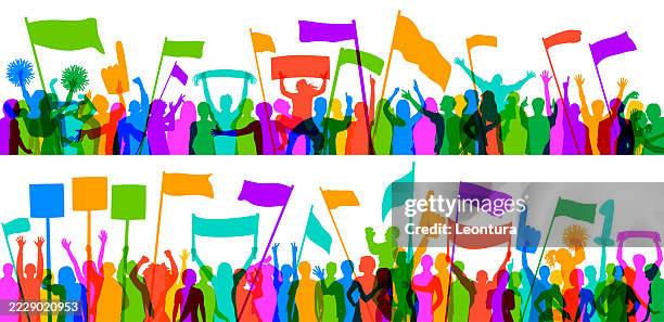 crowd of people with flags and signs (all people are complete, clipping paths hide the legs) - crowd applause stock illustrations