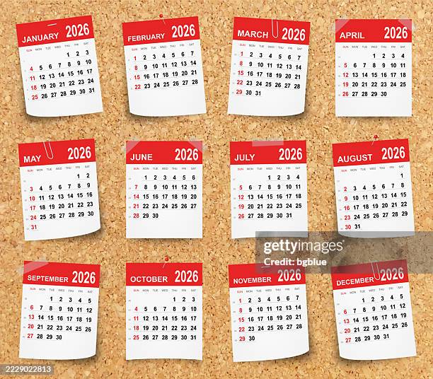 bildbanksillustrationer, clip art samt tecknat material och ikoner med calendar 2026 on cork board - anslagstavla