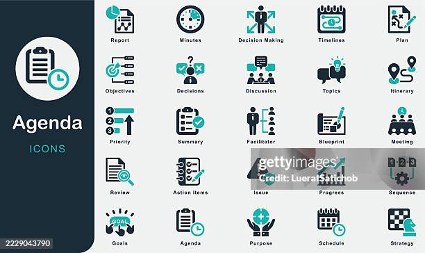 agenda solid icons collection.containing meeting, schedule, itinerary, topics, plan, issue, decisions, summary, discussion, priority, business, work, marketing, action items, objectives, minutes, goal - hard decision stock illustrations