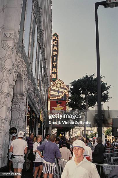 Sign outside the El Capitan Theatre on Hollywood Boulevard congratulates actress Annette Funicello on being inducted into the Walk of Fame, Los...