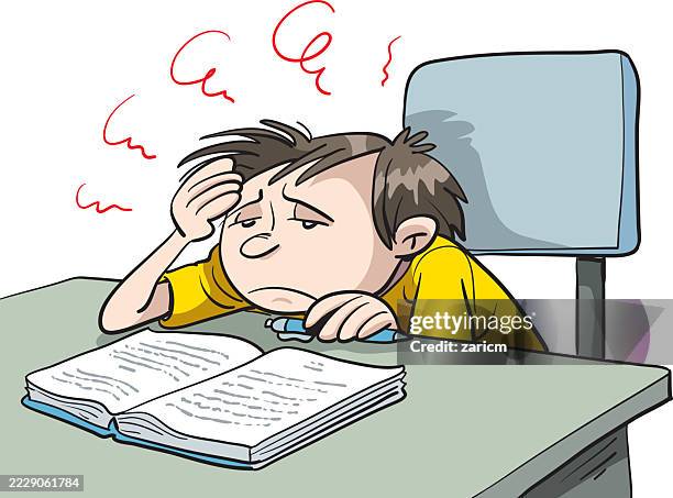 stockillustraties, clipart, cartoons en iconen met boy student reading boring or lazy doing homework - luiheid