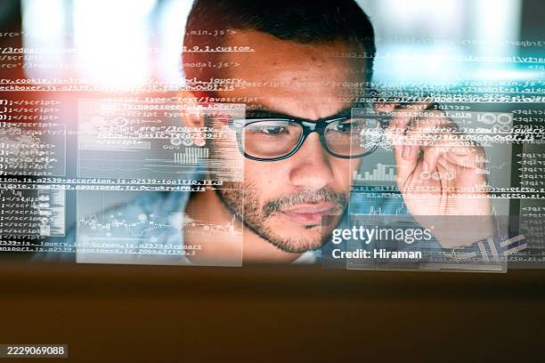 focused programmer reviewing code with digital elements overlayed - literacy stock pictures, royalty-free photos & images