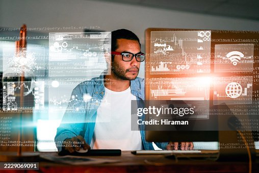 Focused Developer Analyzing Code With High-Tech Overlay Visualizations in Modern Workspace Focused Developer Analyzing Code With High-Tech Overlay Visualizations in Modern Workspace