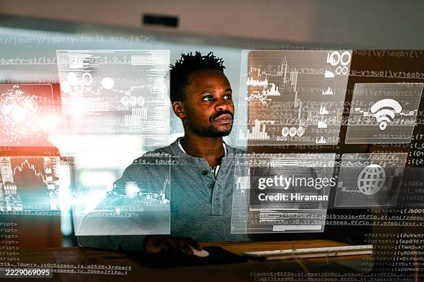 man analyzing digital data with high-tech virtual overlay interface - data science stock pictures, royalty-free photos & images