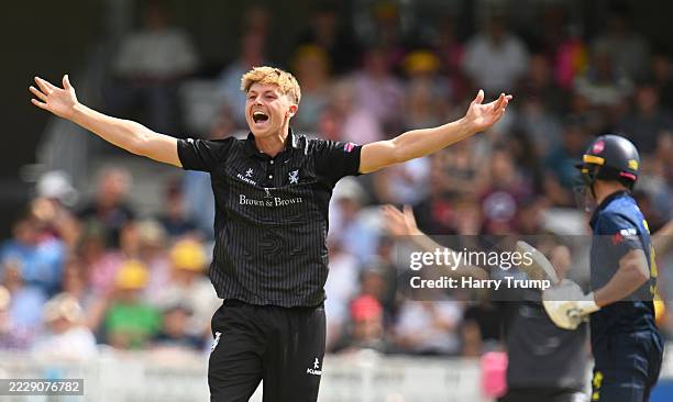 Alfie Ogborne of Somerset celebrates the wicket of Colin Ackermann of Durham during the Men's Metro Bank One Day Cup match between Somerset and...