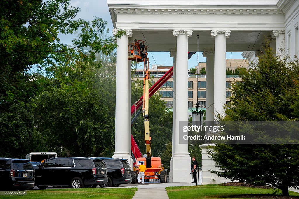 Workers Power Wash White House's North Portico
