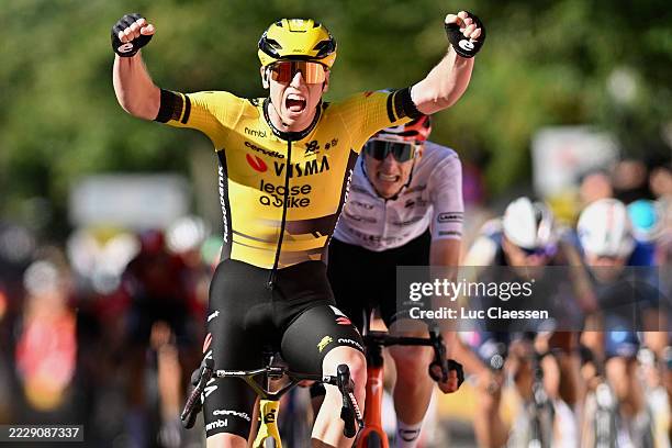 Matthew Brennan of Great Britain and Team Visma | Lease a Bike celebrates at finish line as stage winner ahead of Ben Turner of Great Britain and...