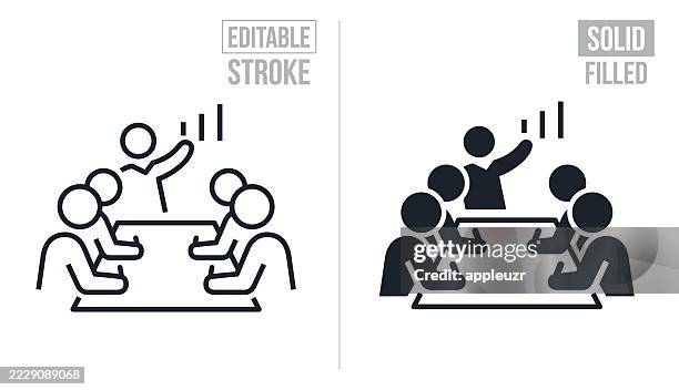 business meeting with presenter giving presentation - editable stroke and solid icons - board room stock illustrations
