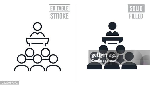 geschäftsmann, der eine präsentation vor einem publikum hält - bearbeitbarer strich und solide symbole - lautsprecher icon stock-grafiken, -clipart, -cartoons und -symbole